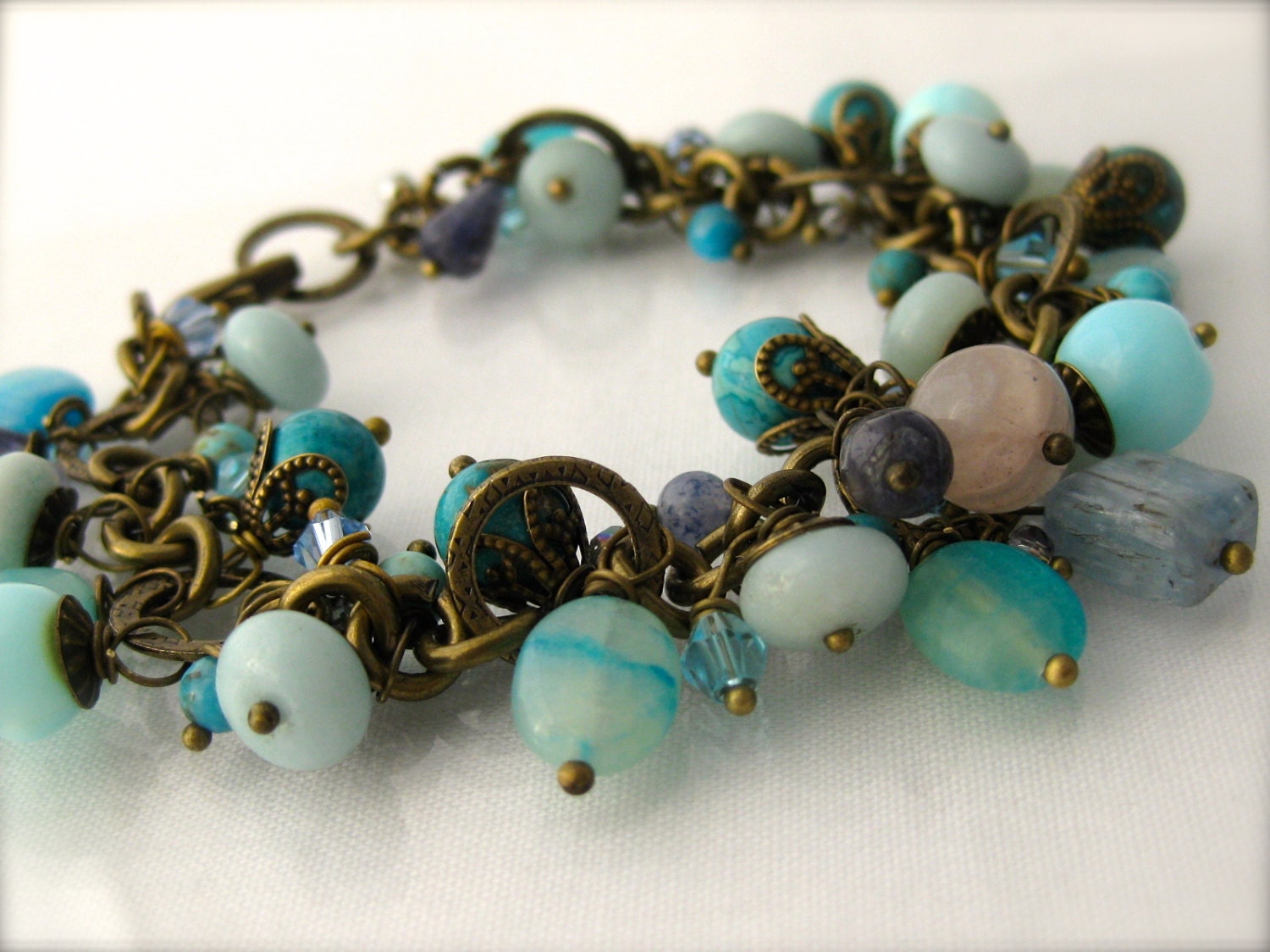 Aqua Blue Gemstone Charm Bracelet,  Beaded Stone Brass Jewelry, Gypsy, Boho, Chain Bracelet