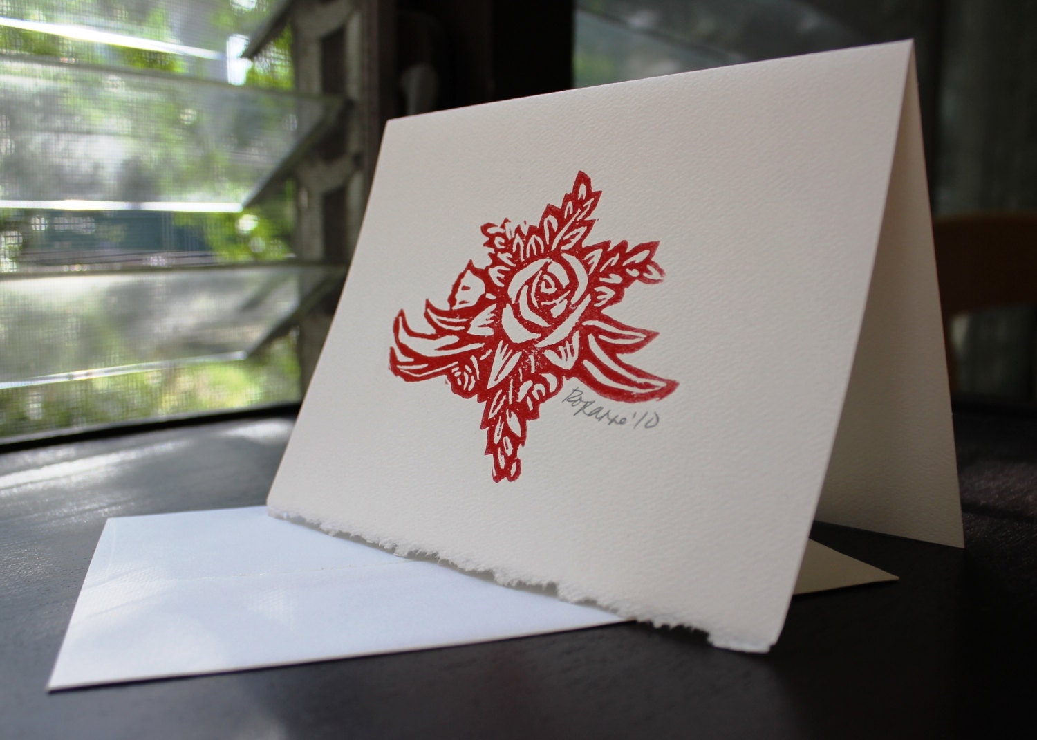 Handmade Card - Red Rose with White Envelope - Large