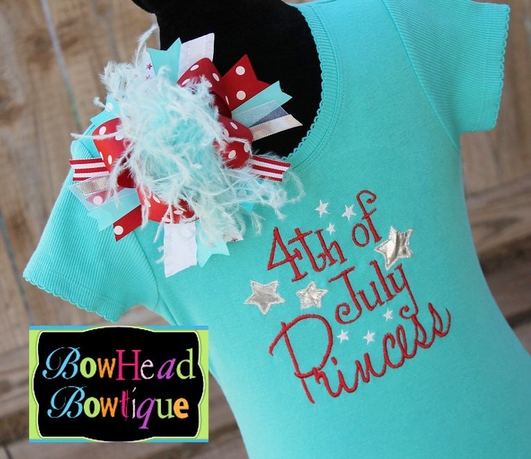 4th of July Princess Applique Turquoise Blue Fitted Shirt, Tank Top,  Onesie and Matching XL Hair Bow for Girls