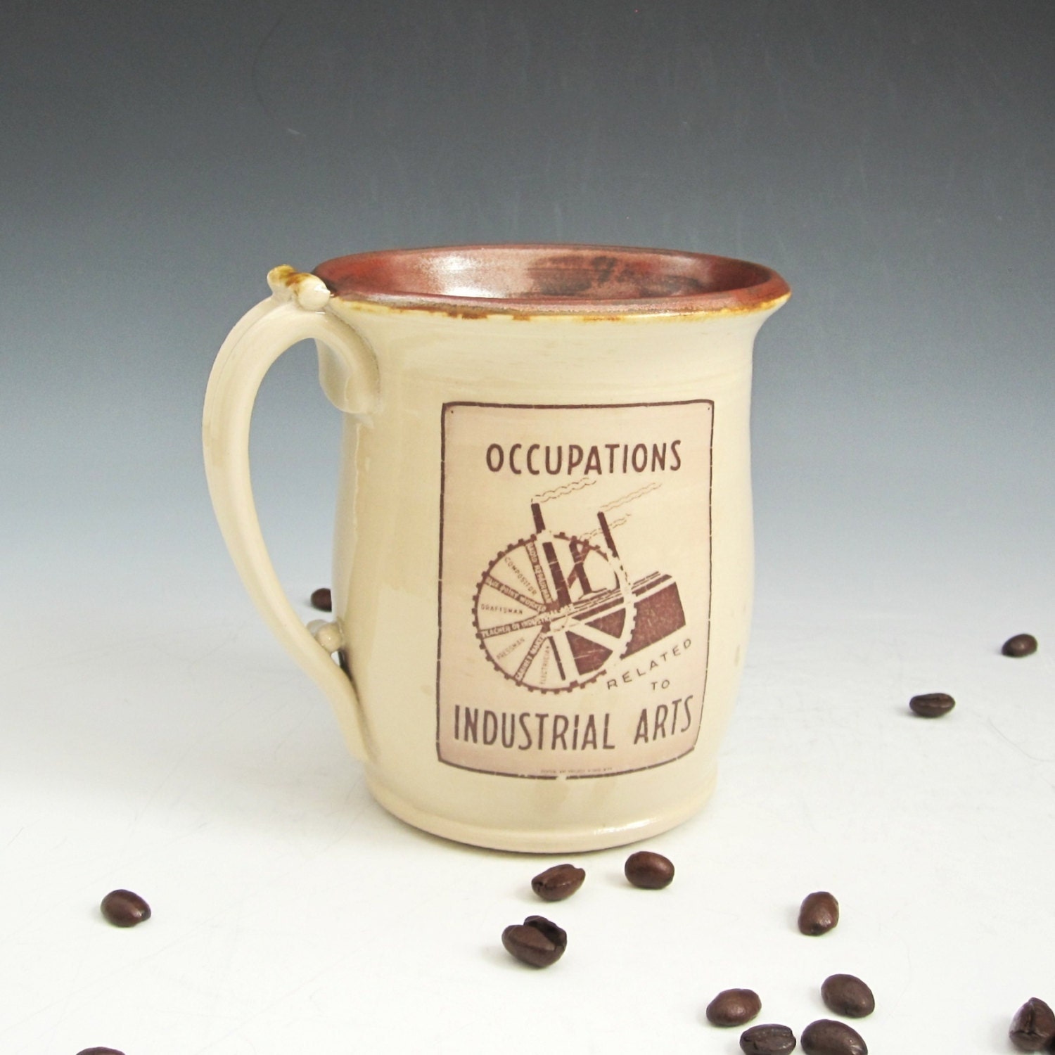 Pottery Mug in Cream and Burgundy with WPA Posters
