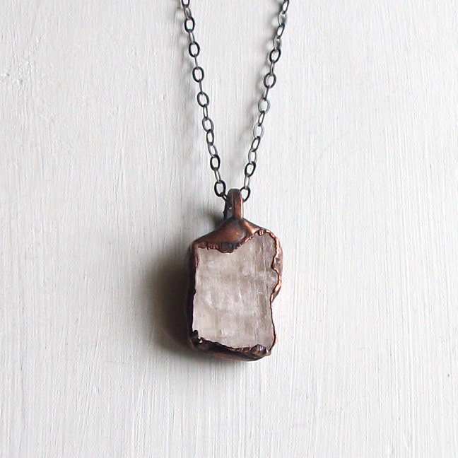 Gemstone Necklace Kunzite Pendant Rough Stone Pendant Copper Silver Necklace Pale Pink Gem Stone Artisan Raw Gem Organic Artisan Handmade