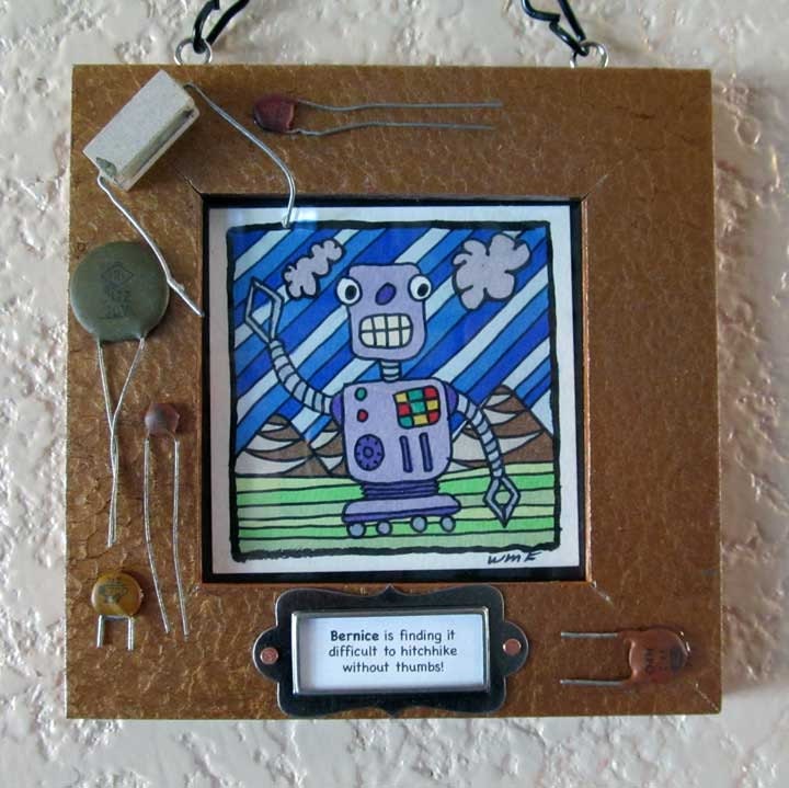 Tiny Robot Bernice. 3.5"X3.5" Original Signed Drawing. Ink on Watercolor Paper with Custom Frame.