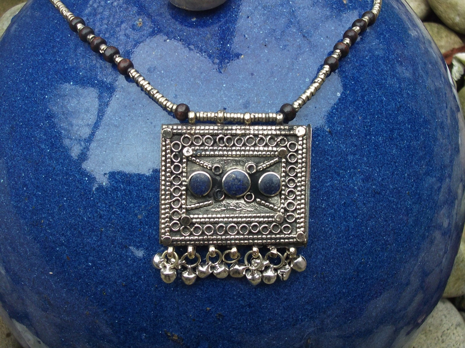Big Pendant Square Kuchi Tribal Necklace. Lapis Lazuli type gemstones. Hand made.