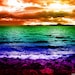 Ocean beach rainbow art photograph, sunset mountains sea, modern nautical art, surreal paradise landscape