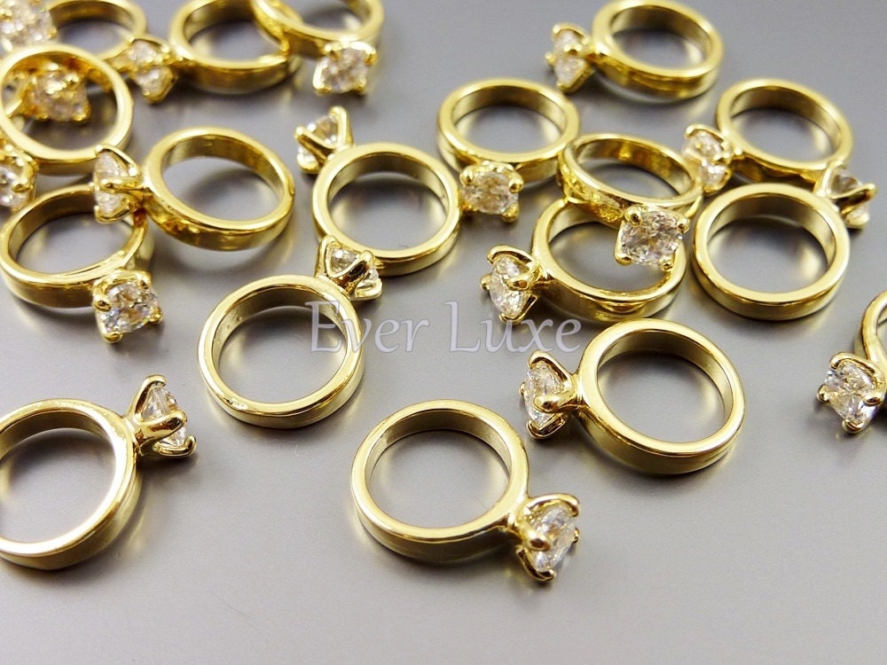 1839G-CL (4 pcs) Clear / 16K gold miniature 3D engagement ring 3mm CZ Cubic Zirconia charms