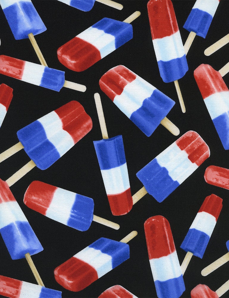 Timeless Treasures Fun Food Summmer July 4th Bomb POPSICLES Red White Blue Black Fabric...1 Yard...New For 2013