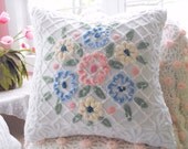 BEAUTIFUL VINTAGE CHENILLE Patchwork Pillow Pink And Blue Floral Large