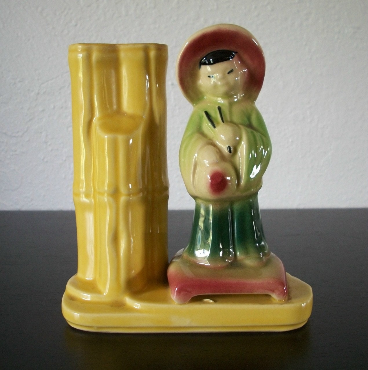 Vintage Mid Century Shawnee Pottery Chinese Boy and Bamboo Bud Vase Planter USA 702