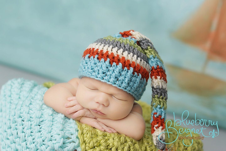 Elf Hat in Aqua, Orange, Cream, Grey and Sweet Pea Fringe Tail