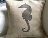 Burlap French Sea Horse L'Hippocampe pillow cushion cover summer coast beach house