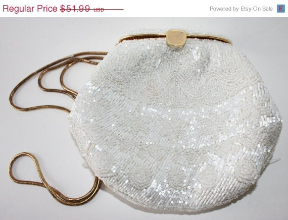 ON SALE Vintage Beaded Purse By Walborg/ White Beaded Clutch