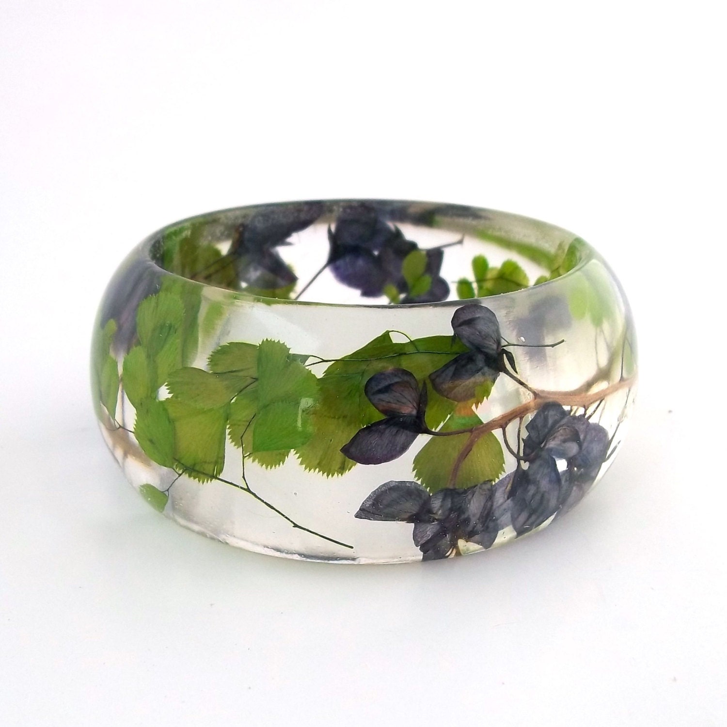 Botanical Fern Statement Bangle. Blue and Green Contemporary Jewelry.  Handmade Modern Chunky Bracelet.  Maidenhair Fern and Bluebonnets