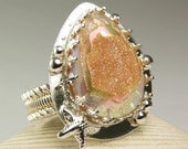Peach Druzy Ring, Sterling Silver, Titanium Crystal Stone, Starfish, Hanmade Jewelry, made to order
