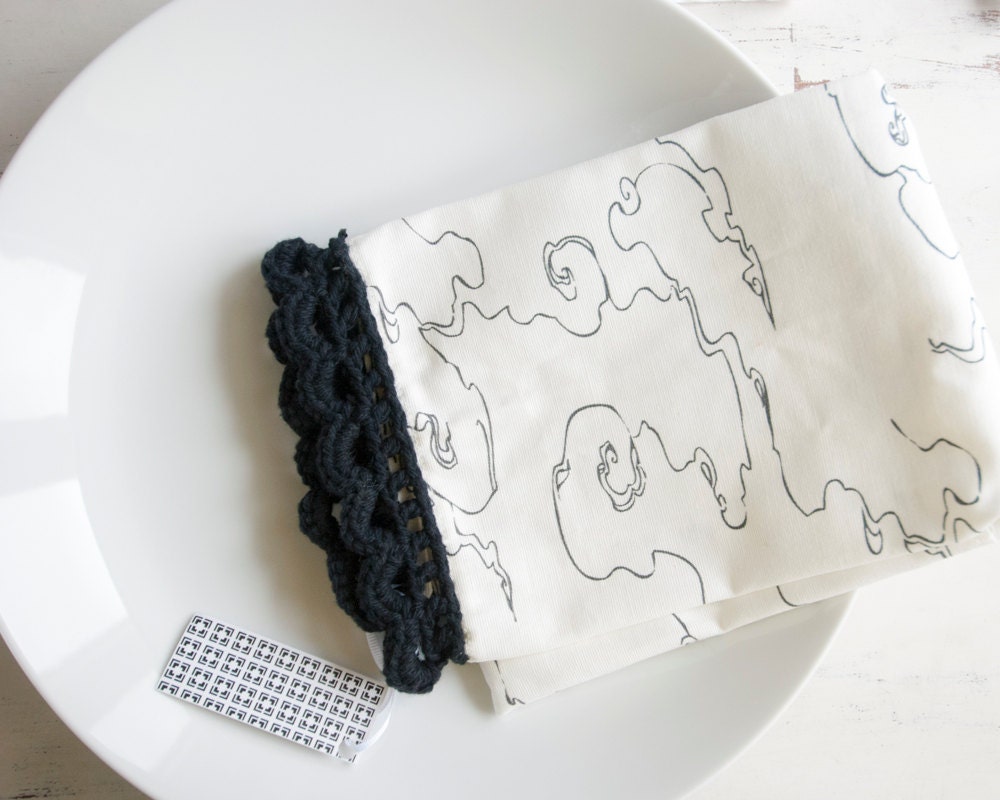 Kitchen towel, black and white towel crochet edging