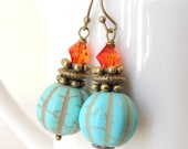 Vintage Style Earrings, Turquoise Howlite and Fire Opal Swarovski Crystals Earrings, bridesmaids earrings gift for her, mothers day gift