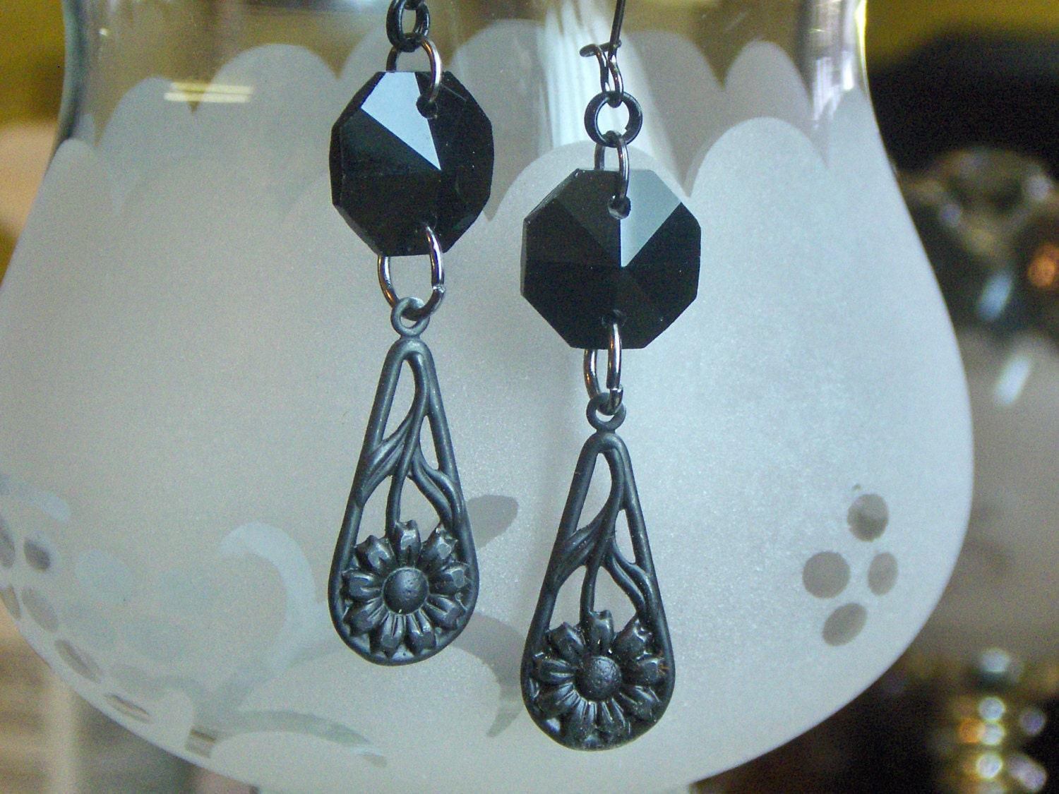 MOURN . Gothic Victorian Mourning falling flowers and  black chandelier crystal earrings