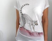 Lemur Tshirt, Hand painted unique womens top, tee, Short  Sleeve Top, Loose Fit  Summer Tee  Size  S