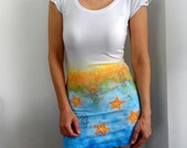 Mini Summer Beach Dress, Hand Painted Marine Stretch Cotton Dress, Tunic