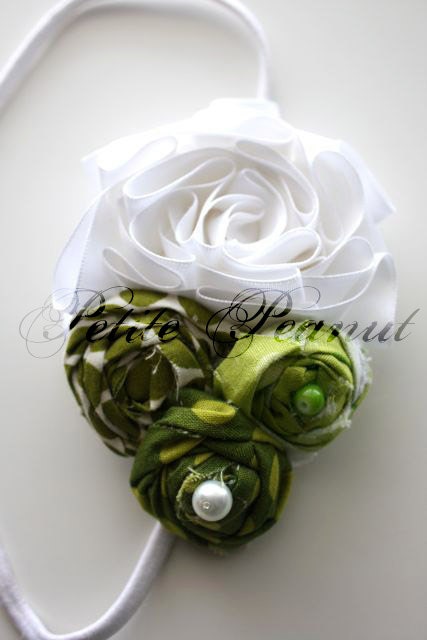 Couture Shabby Chic Satin Flower headband- ST PATRICKS DAY- Sweet Shamrock Collection - Green and White - Photography prop