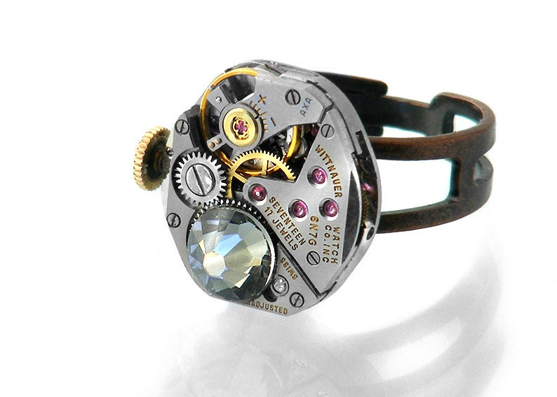 Steampunk Ring, Wittnauer Vintage Movement & Black Diamond Crystal / Adjustable Ring Size 5 - 8.5