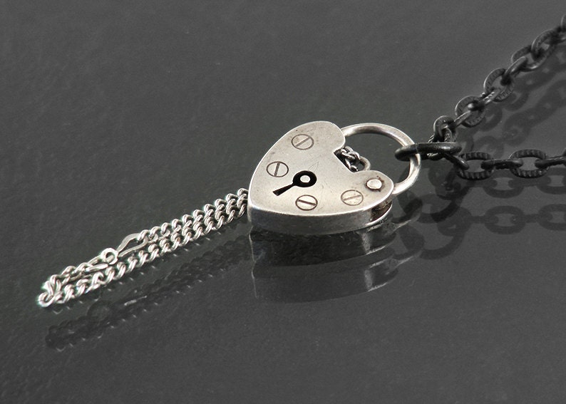 Padlock Necklace,  Vintage Sterling Silver  Padlock Fastener / Matte Black Chain / Long Black Chain