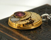 Steampunk Necklace, Antique Elgin Pocket watch - 1899 - Golden Brass & Raspberry Glass Cabochon