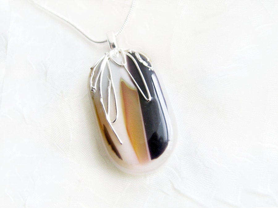 Necklace , Caramel, Gold & Black Pendant, Fine Silver Accent, Fused Glass Jewelry