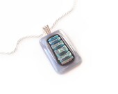 Necklace, Gray with Aqua & Black Dichroic Stripe Pendant, Dichroic Jewelry, Large