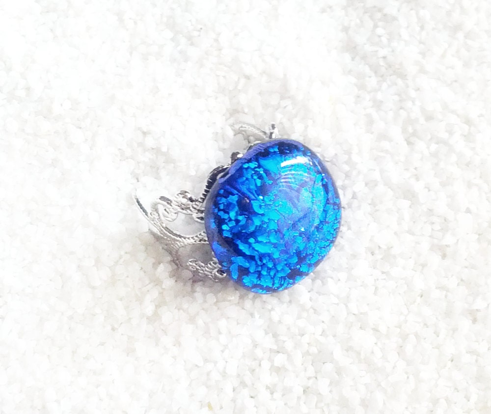 Cocktail Ring, Blue Stone, Dichroic Glass, Silver-Plated Adjustable Ring, Fused Glass