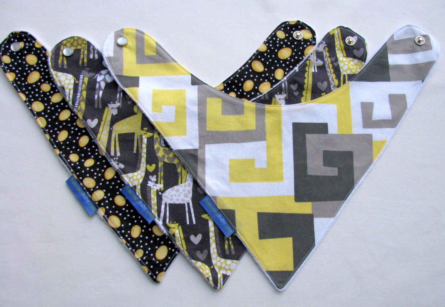 3 Baby Bandana Bibs  Designer Fabrics  Yellow and Gray