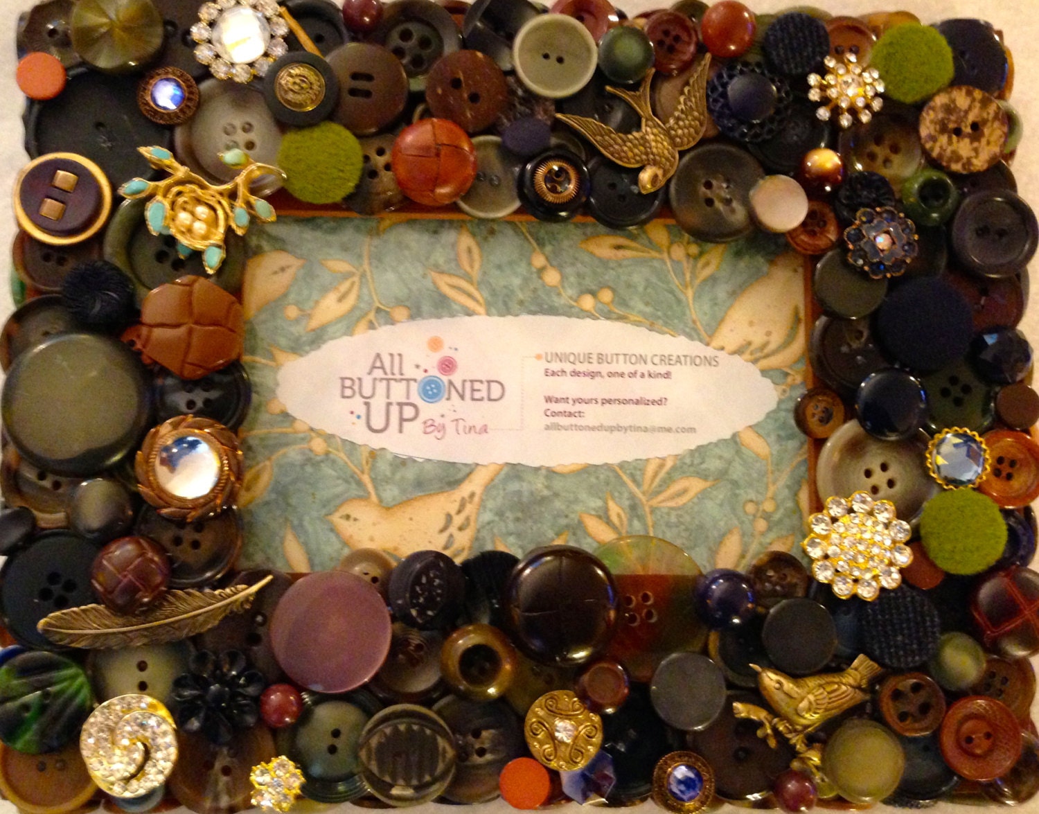 Bird Themed Button Picture Frame in Earth Tones for 4"x6" photo