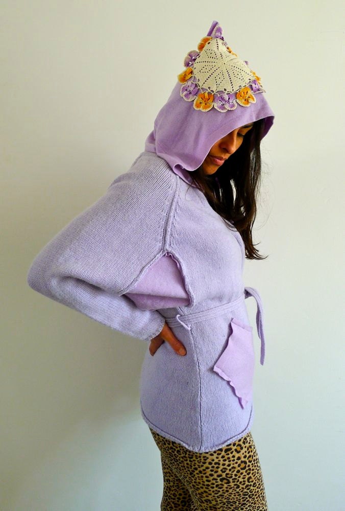Lilac Upcycled Crochet Hoody Cardigan Sweater Jacket            Made in England UK