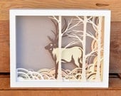 morning elk . 8.5 x 11 . cut paper shadow box . elk, birch trees, morning glow