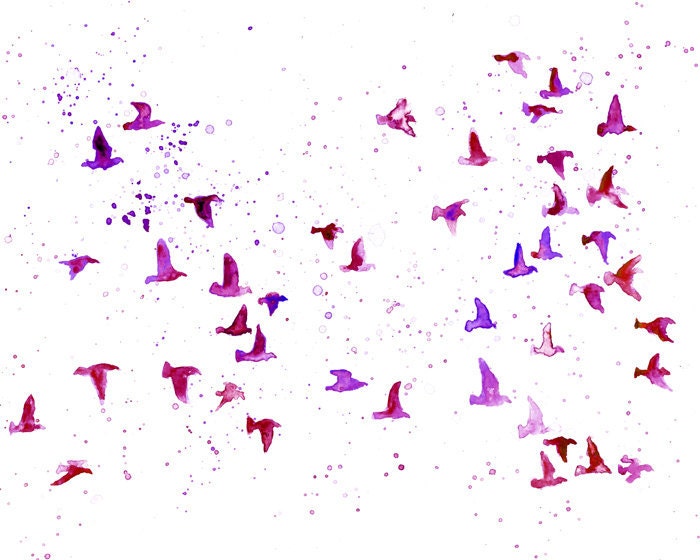 flock birds in purple/violet  -Watercolor-bird painting-Archival Print from my original watercolor painting 10x8 inch