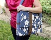 Messenger Style Padded Laptop Case with Hand Painted Cherry Blossoms in Blue, Brown and White