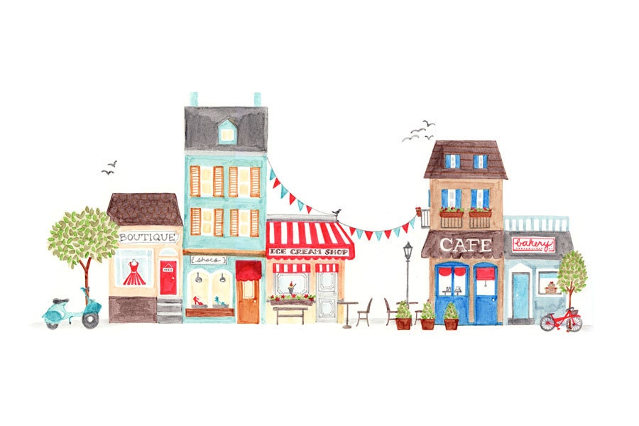 Colorful Village Storefront Shops, Little Town, Art Illustration Giclee Print, Artwork for home, nursery, children, fashion lover, shopper