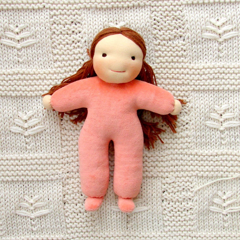 Waldorf doll, 11 in, from pink salmon velour  brown stylable hair, eco friendly gifts for kids