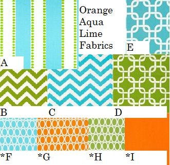 SALE- 3 piece Orange, Turquoise, and Lime Crib Bedding Set- Bumpers, Sheet, and Skirt