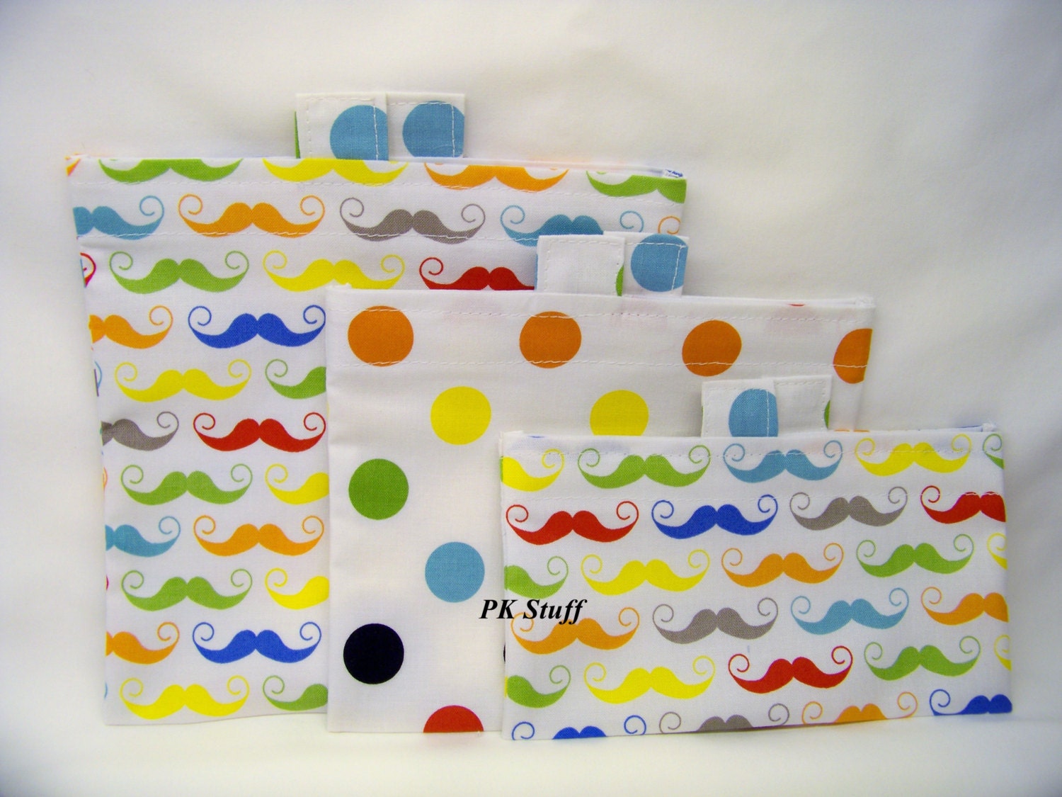 PK Happy Baggy Set - Geekly Chic Mustache in White - Eco-friendly Lunch Bags - Washable Baggy Set - Ready To Ship