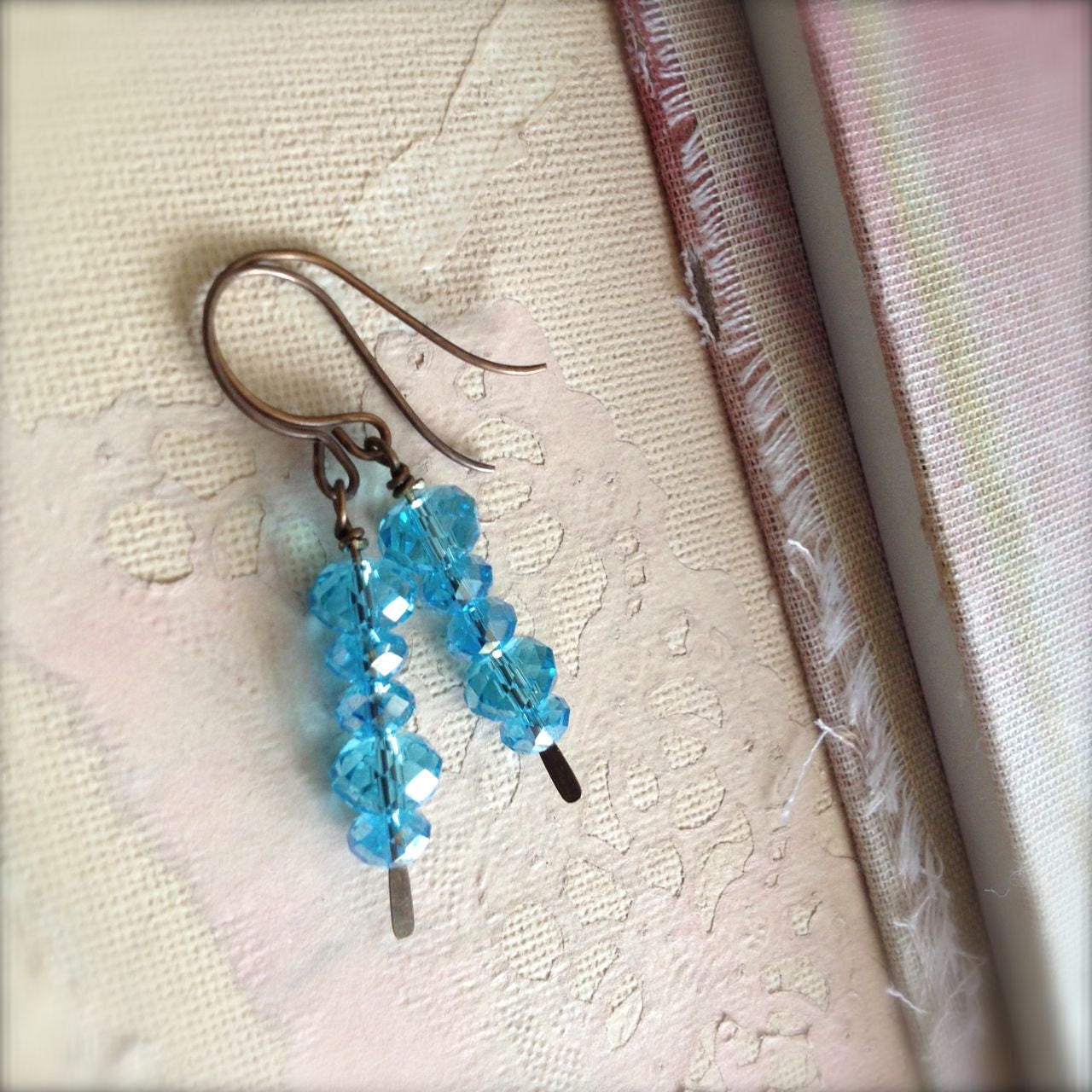 Sparkly Blue Dangle Earrings Crystal Drop Earrings Antiqued Brass Old Time Blues - Spring Sale
