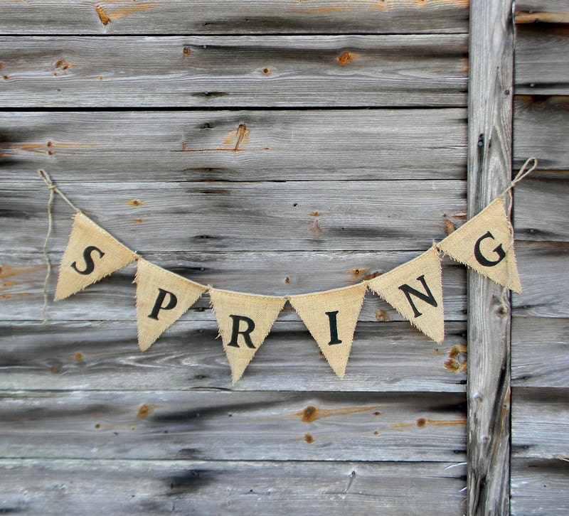 Burlap Bunting Banner, Rustic Burlap Sign Banner "Spring" Free Shipping