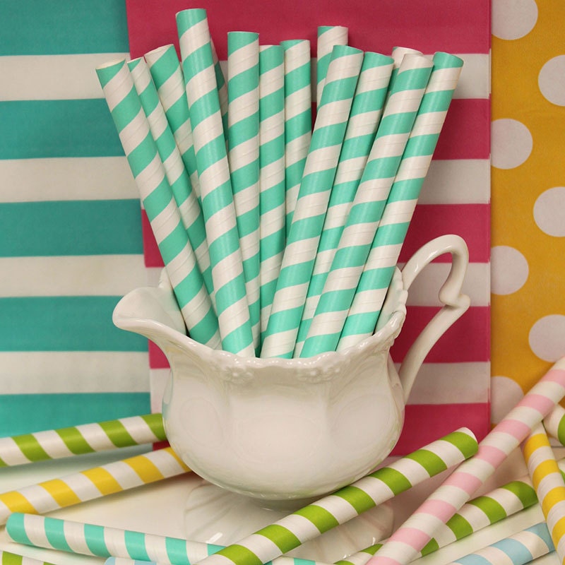 Milk Shake Paper Straws, 25 Aqua Striped MILK SHAKE STRAWS,  Big, Thick, Round Milk Shake / Smoothie Straws with Diy flags, Ice Cream