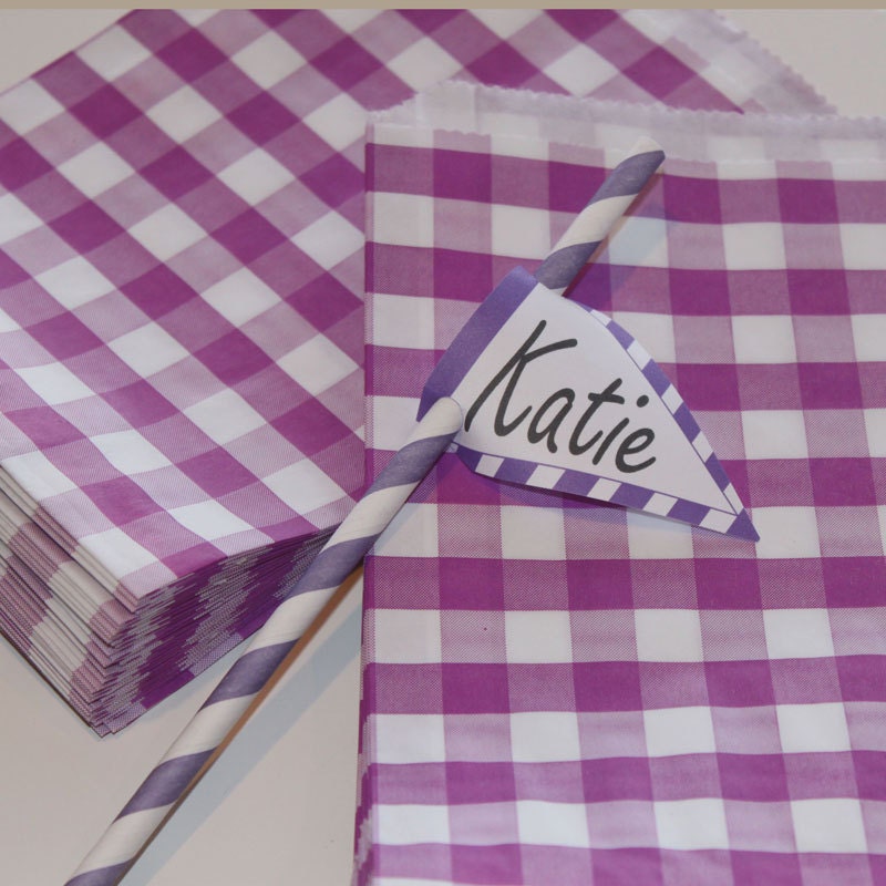 Favor Bags, 24 Purple Gingham Party Favor Bags, Wedding , Party , Paper Bags, Baking Supplies Birthday
