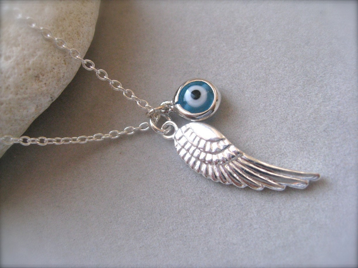 Wing Pendant with protecting Eye, Blue silver Pendant