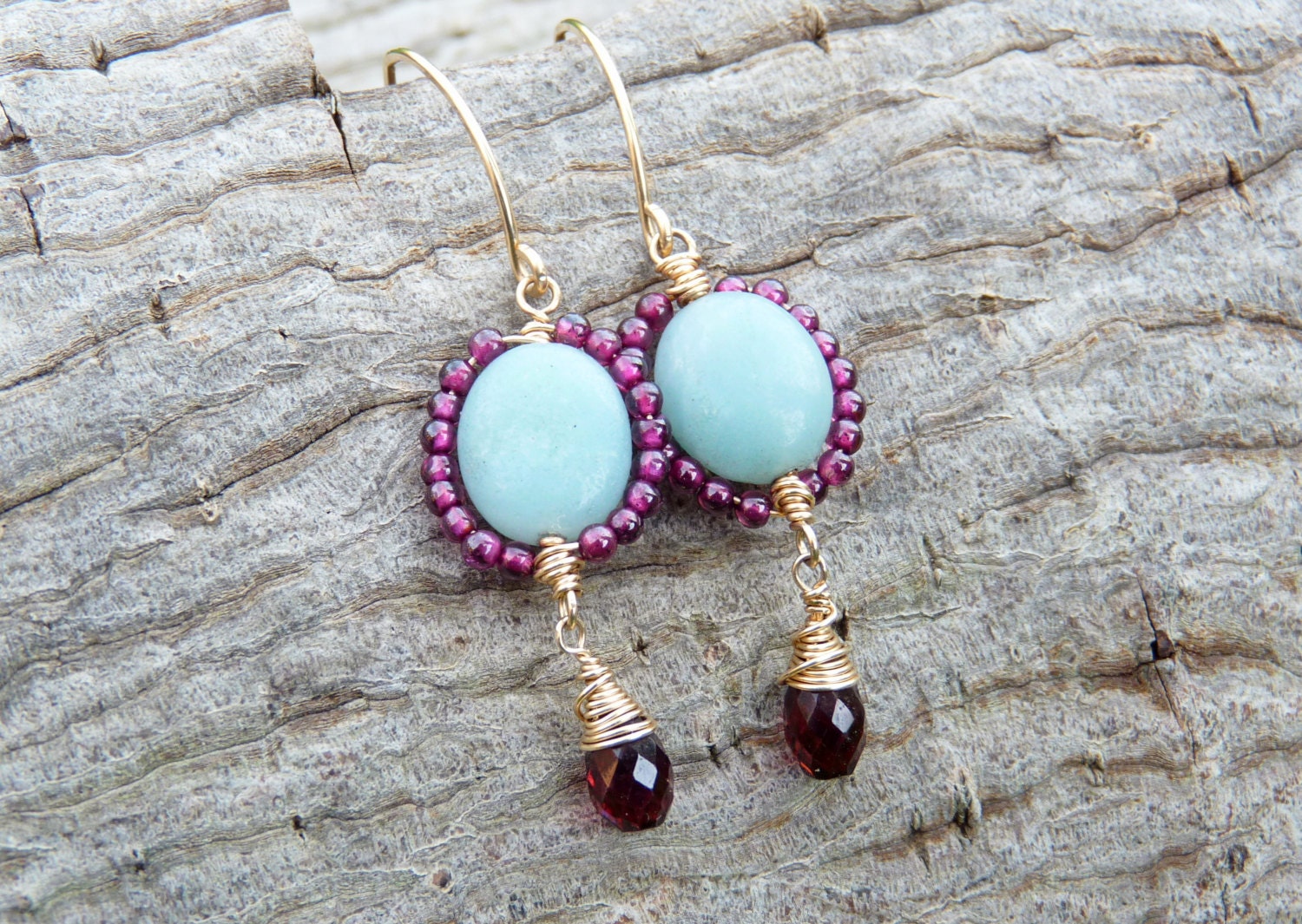 aventurine and garnet earrings in 14k gold filled  - wire wrapped earrings - handmade - gemstone - dangle earrings - artisan jewelry