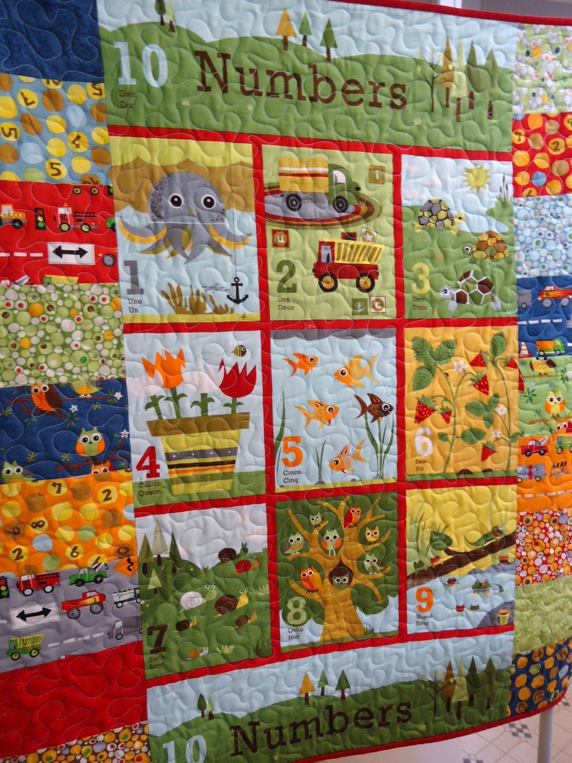 Owl Baby Quilt, Numbers in Spanish and French, Ten Little Things Baby Boy Quilt