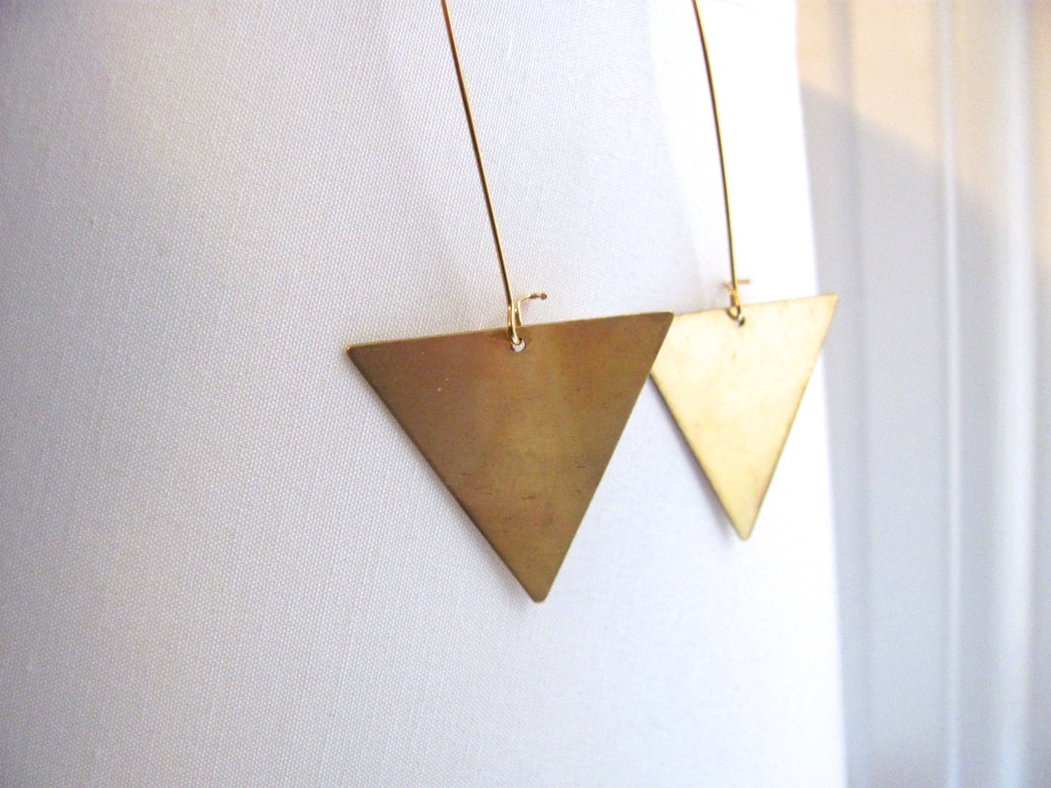 Large gold triangle drop earrings, raw brass vintage triangles on long 14k gold plate fixtures, geometric jewelry, dangle earrings