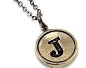 Letter J Necklace - White Bronze Initial Typewriter Key Charm Necklace - Gwen Delicious Jewelry Design
