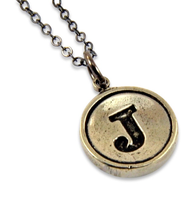 Letter J Necklace - White Bronze Initial Typewriter Key Charm Necklace - Gwen Delicious Jewelry Design