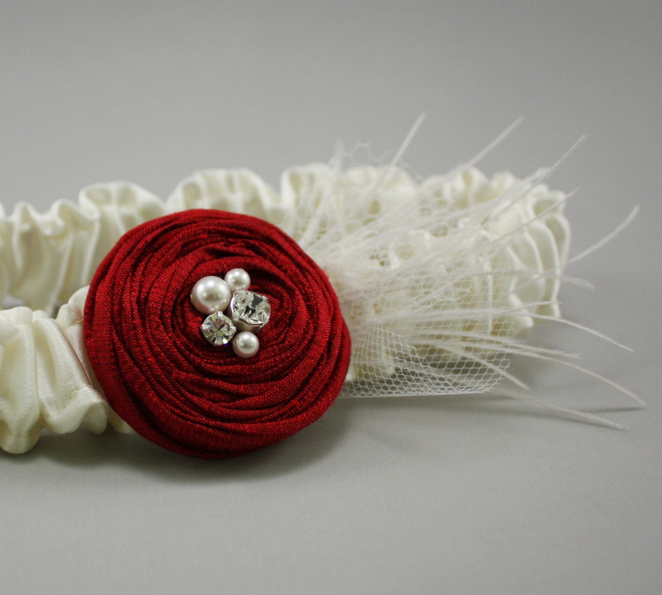 Wedding Garter - Ivory and Scarlet Red Silk (Other Colors Available) - the Vivien Bridal Garter